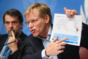 World Health Organization (WHO) Executive Director of the Outbreak and Health Emergencies Cluster Bruce Aylward (R) holds a map showing countries and territories with Zika virus spread, flanked by Director of WHO's Global Malaria Programme Pedro Alonso, during a press briefing in Geneva on February 19, 2016. The disease, carried by the Aedes aegypti mosquito, has spread to 34 countries, most of them in the Americas and the Caribbean. / AFP / FABRICE COFFRINI